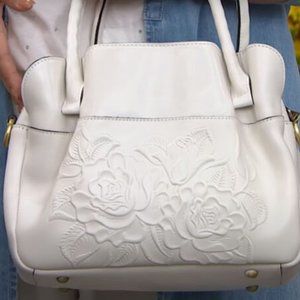 PATRICIA NASH chalk white TOOLED ROSE leather handbag MED sz NWT $269 satchel